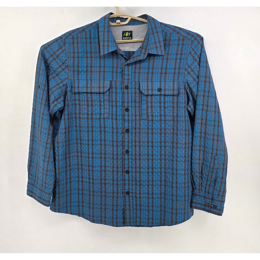 NordicTrack Mens XL Blue Plaid Roll Tab Sleeve Hiking Fishing Button Down Shirt